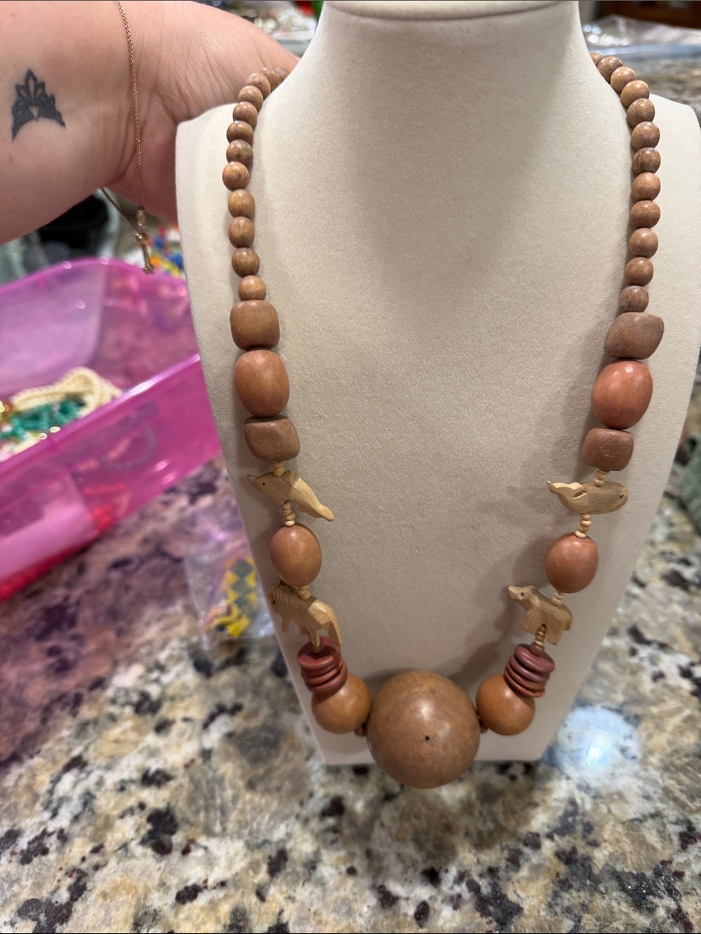 Source Unknown Natural Brown Handcarved Wooden Animal Bead Necklace